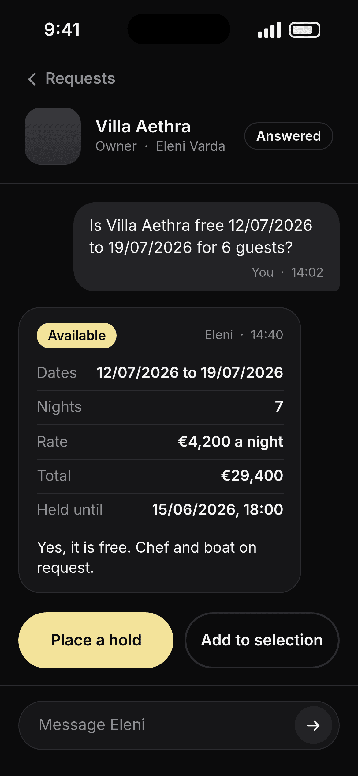 An owner confirming availability for a villa