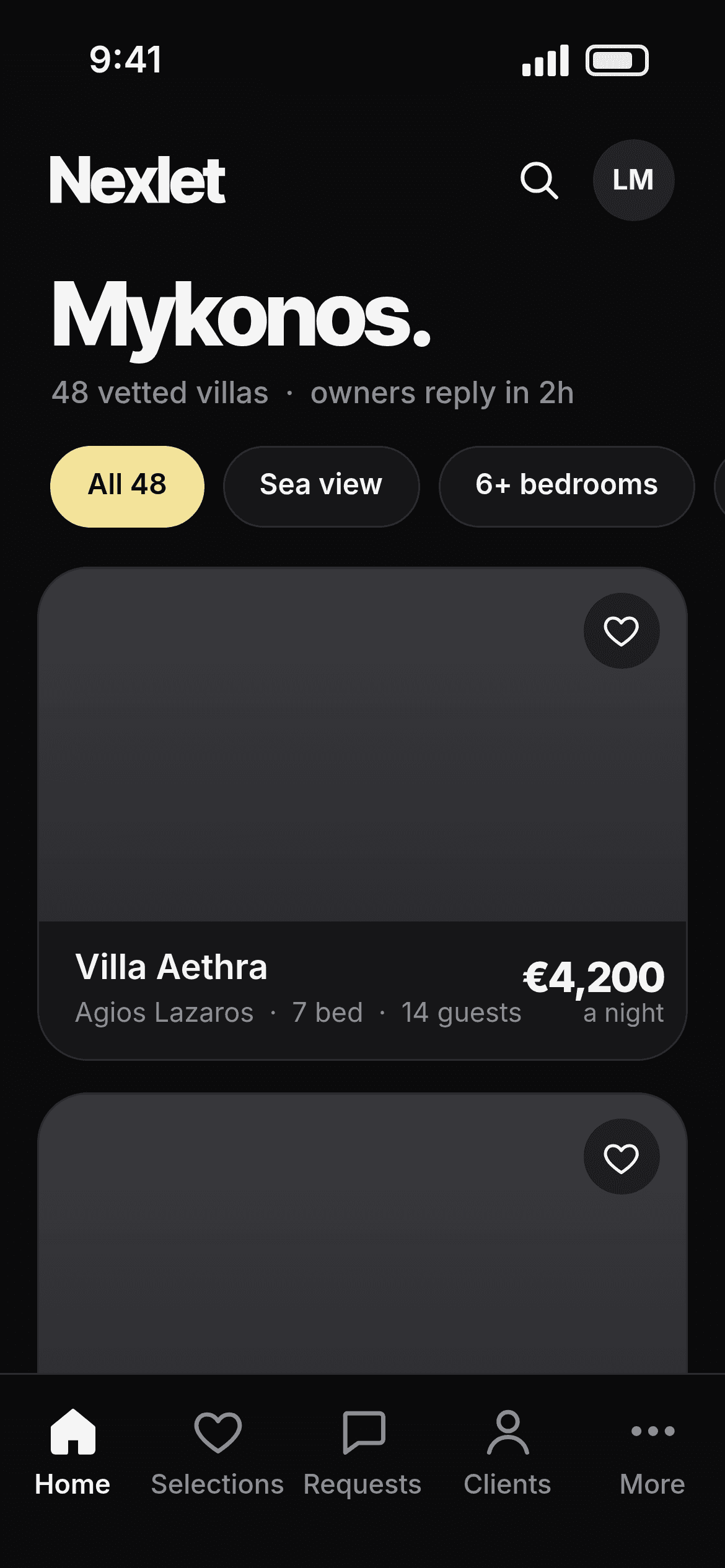 The villa catalogue, visible only to members